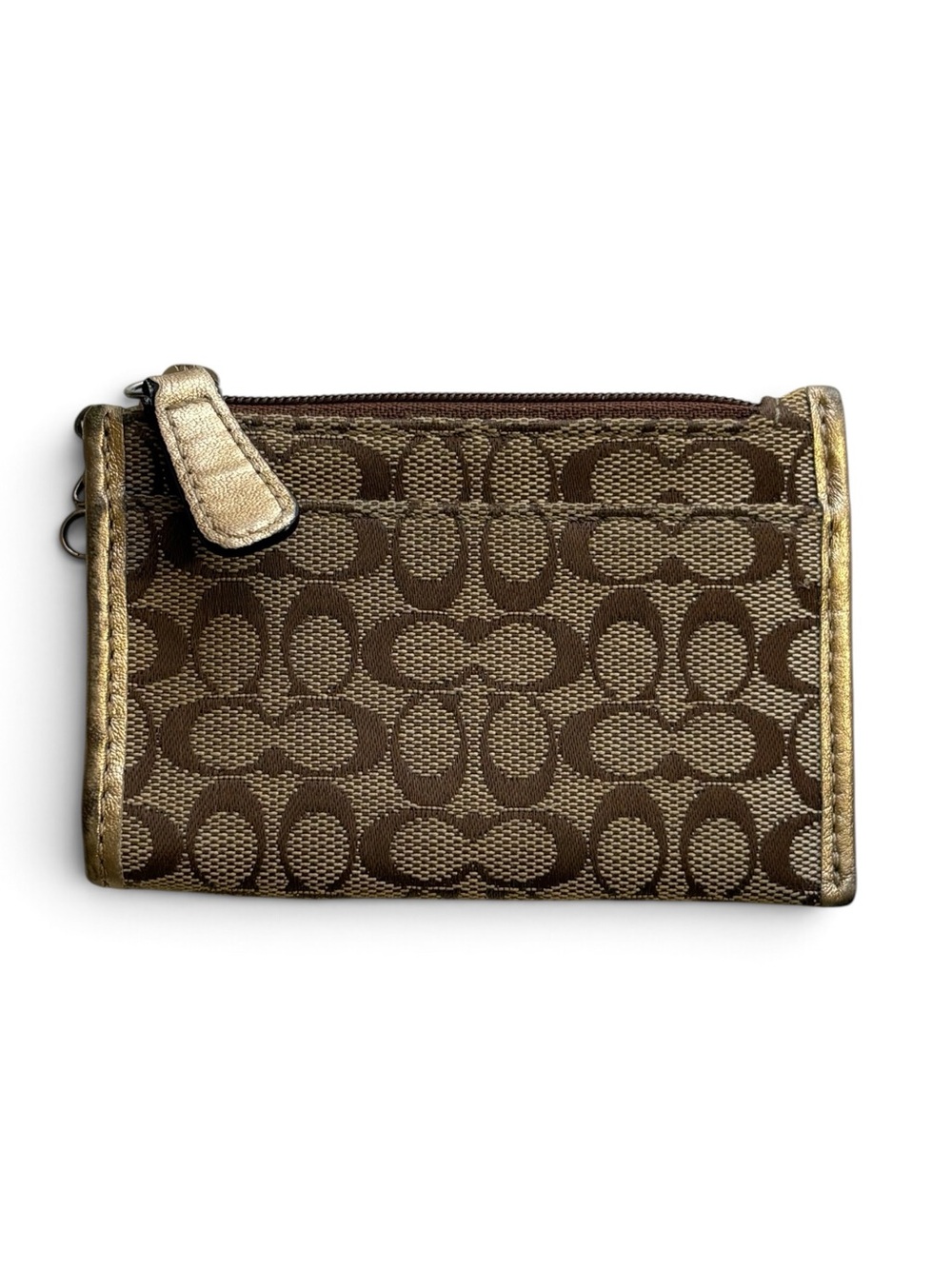 Coach Brown Signature Canvas Card Holder with Metallic Trim